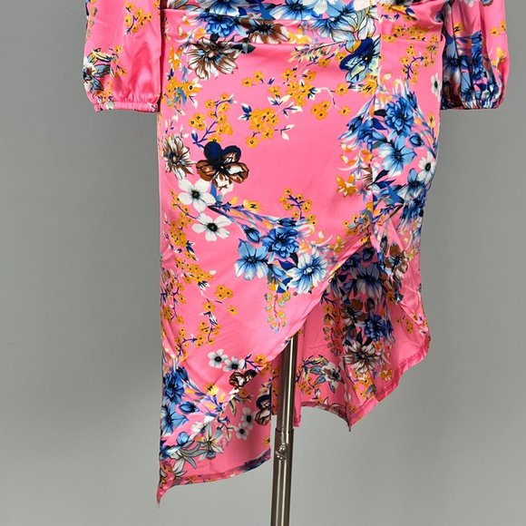 Boohoo Floral Print High Neck Ruched Midi Dress Blush Pink Satin size 10 - Picture 8 of 16